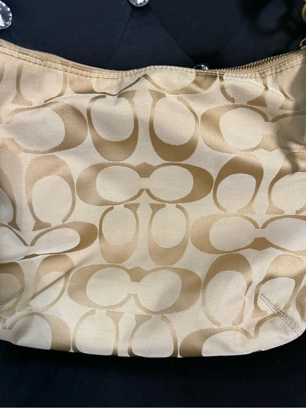 Coach Beige Signature Canvas Shoulder Bag with Green Trim